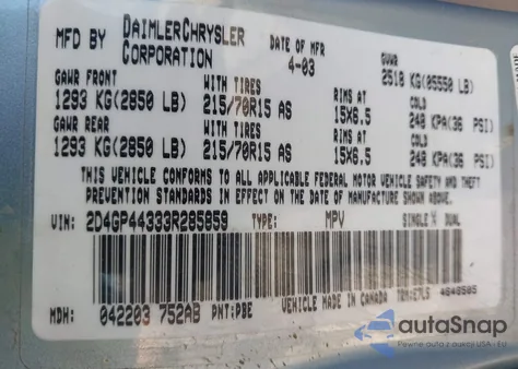 2003 Dodge Grand Caravan Sport from USA, damaged, VIN 2D4GP44333R285859